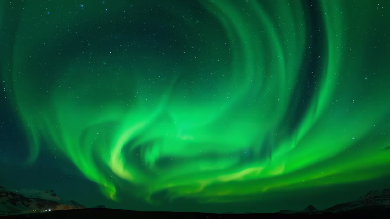 Rising solar storm fueling emerald auroral curtains, forming vortex above ridge, left lights, stars
