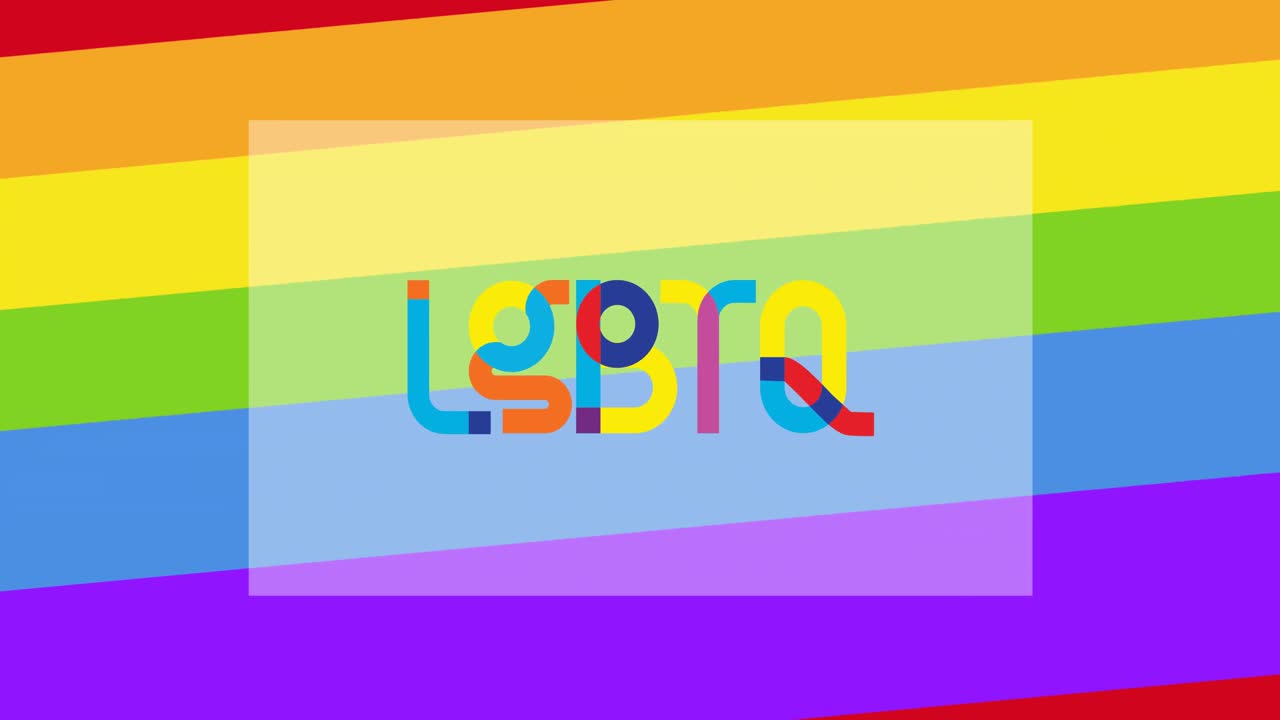 animación de texto lgbtq con corazón sobre rayas del arco iris