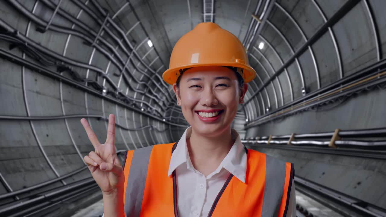 Close Up Of Asian Female Engineer With Safety Helmet Smiling And Showing Peace Gesture In Underground Subway Tunnel