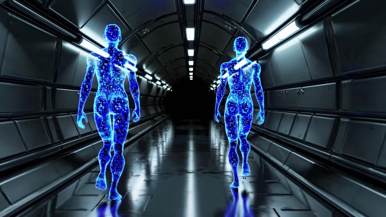 Two luminous blue digital figures walk away from each other in a dark futuristic metallic corridor with bright lights, creating an eerie and intriguing atmosphere