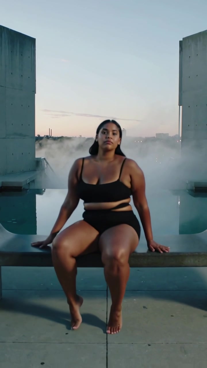 Vertical video: Shifting weight, woman in black sports-bra outfit sitting up on concrete bench, fog