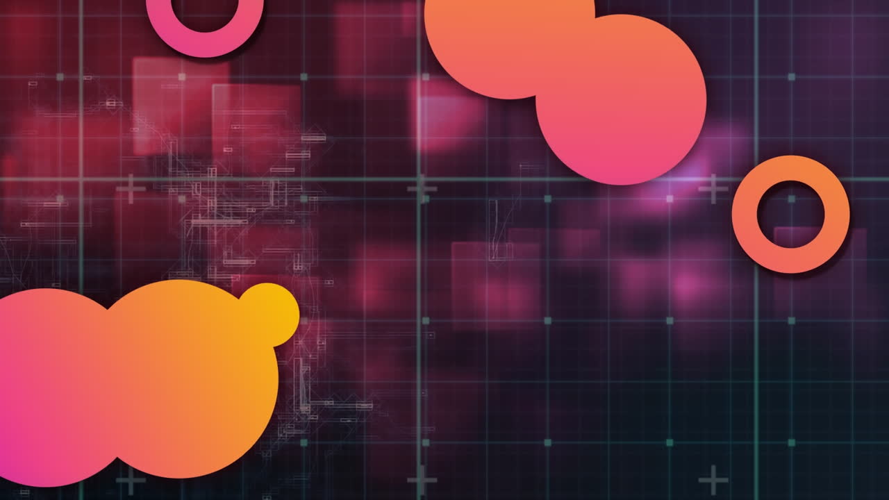 Animation of abstract shapes over grid network against purple sqaure shapes on purple background