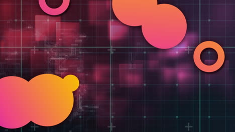 animation of abstract shapes over grid network against purple sqaure shapes on purple background