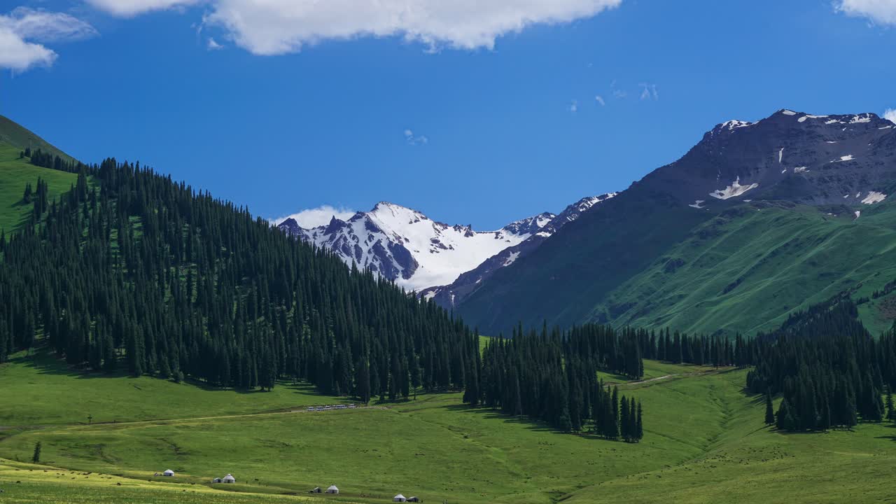 planície de nalati e montanhas nevadas. fotografia em lapso de tempo na planície de nalati, xinjiang, china.