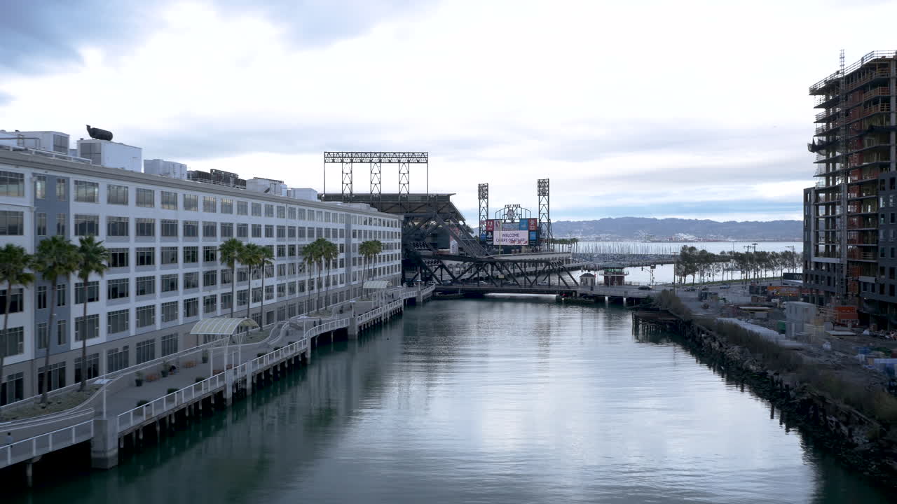 Panoramic view of Oracle Park and the waterfront in San Francisco on an overcast day