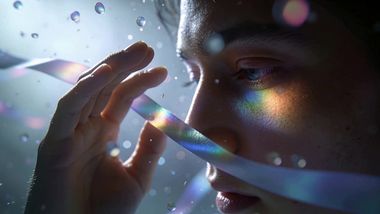Seguendo un nastro ondeggiante, una donna alza la mano e traccia un arcobaleno sulla guancia in studio.