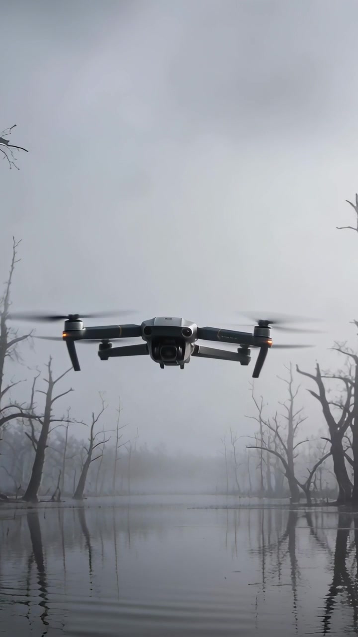 Vertical video: Powering drone showing front gimbal, hovering over foggy swamp and filming water