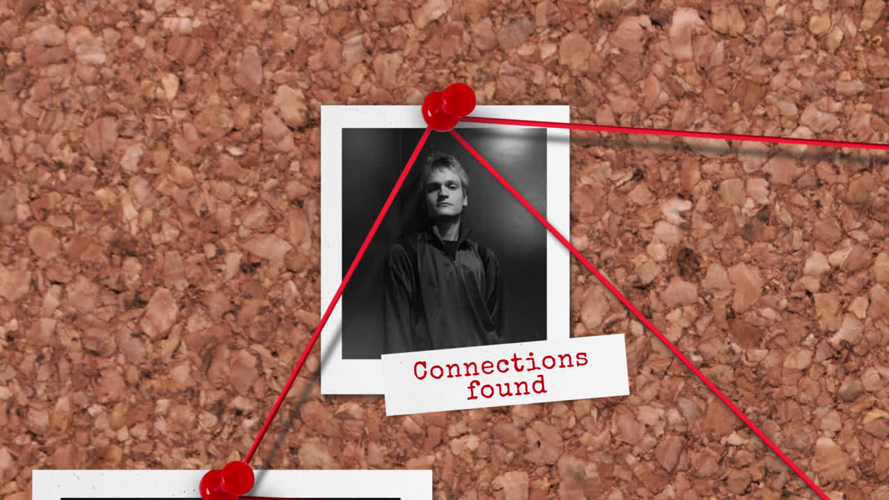 Crime investigation with photos pinned to a cork board