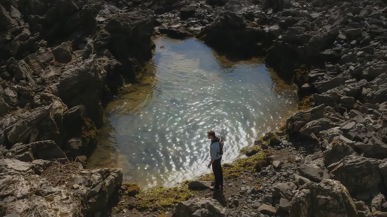 Escursionista che si volta e scruta una pozza sulla costa, notando un riflesso del sole; zaino visibile