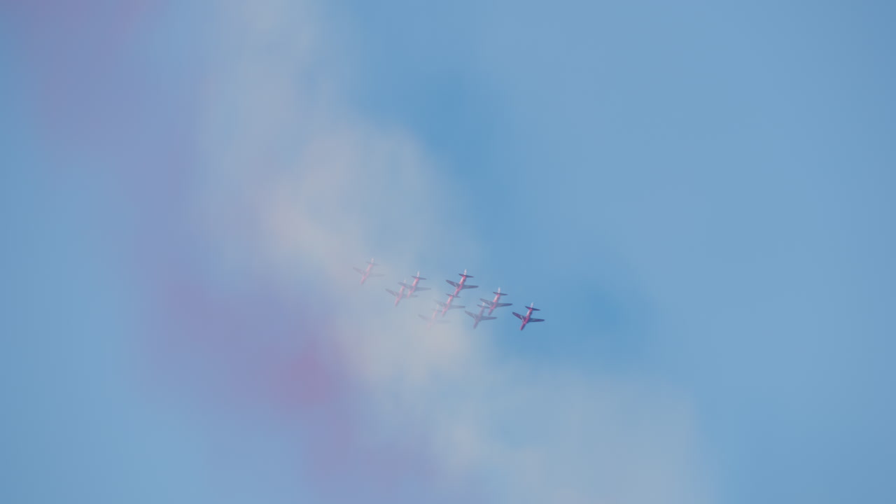 Diversi aerei a reazione che volano in formazione su un cielo blu