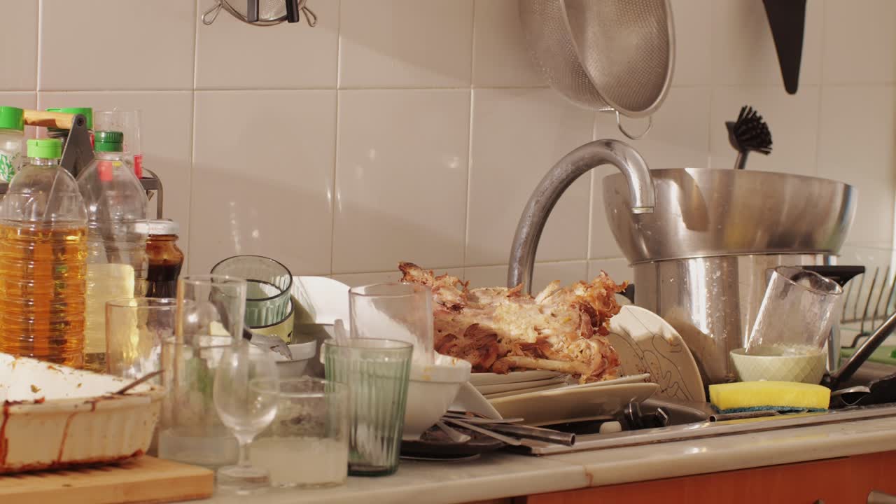 Scraps, Bones and goose or chiken skeleton on dirty dishes and mess after a party at home close-up. Christmas table after the holiday celebrating. Cleaning the house after dinner with friends and family. Home cleaning services