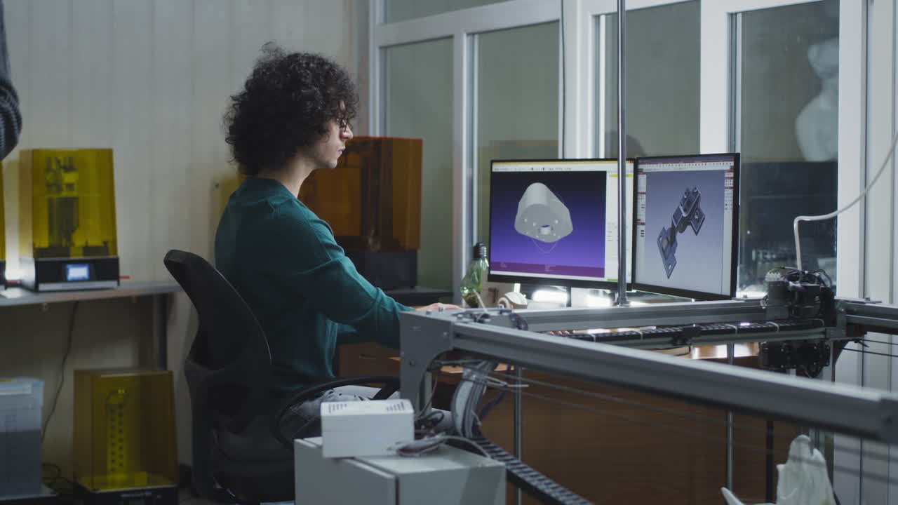 Engineer working with CAD software and 3D printing equipment