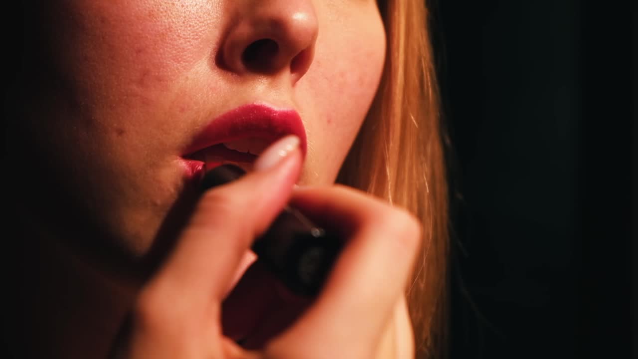 mujer aplicando lápiz labial