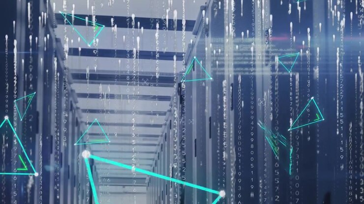 Animation of neon triangle shapes and light trails falling against data processing over server room