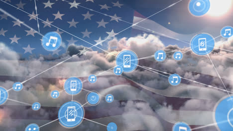 animation of network of connection and icons over usa flag and cloudy sky