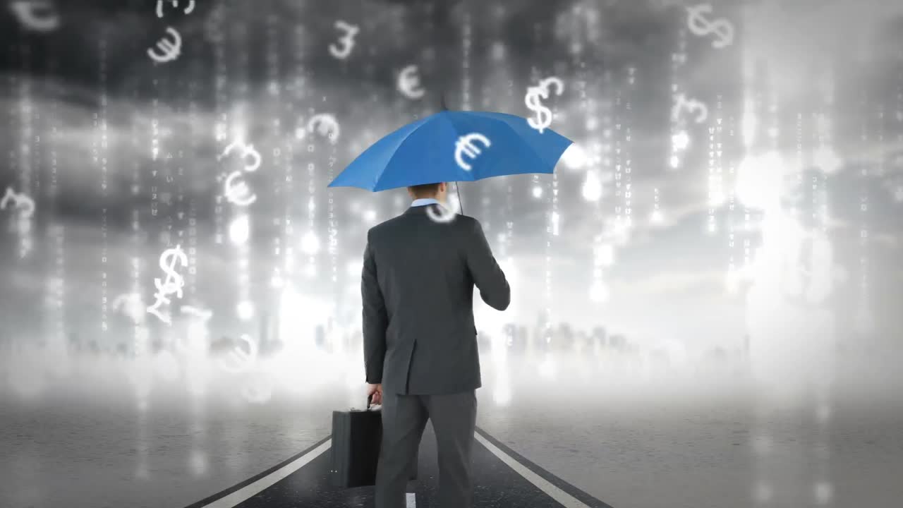 우산을 들고 있는 사업가 의 뒷면