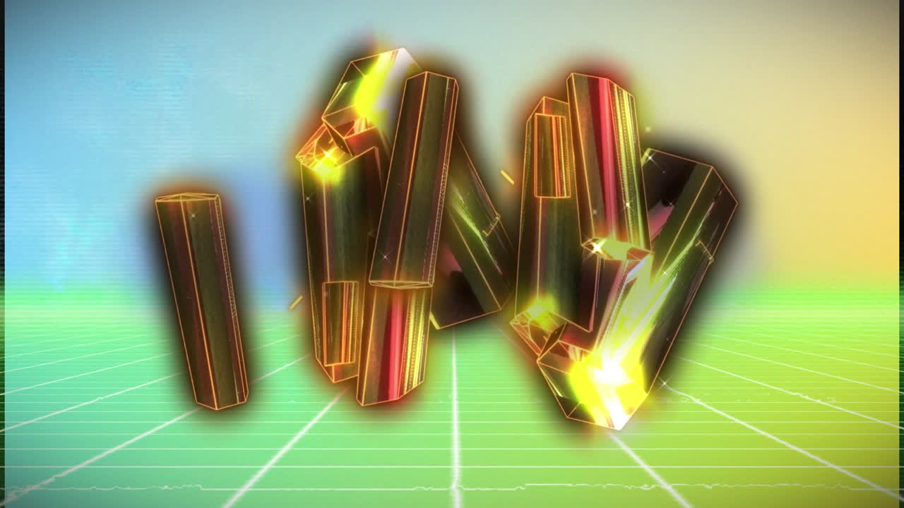 금빛으로 빛나는 금속 블록의 애니메이션 및 데이터 처리