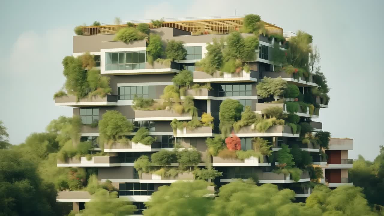 Green foliage covering urban building balconies and rooftops, transforming concrete structures into living vertical landscapes, enhancing environmental sustainability and city ecosystem diversity