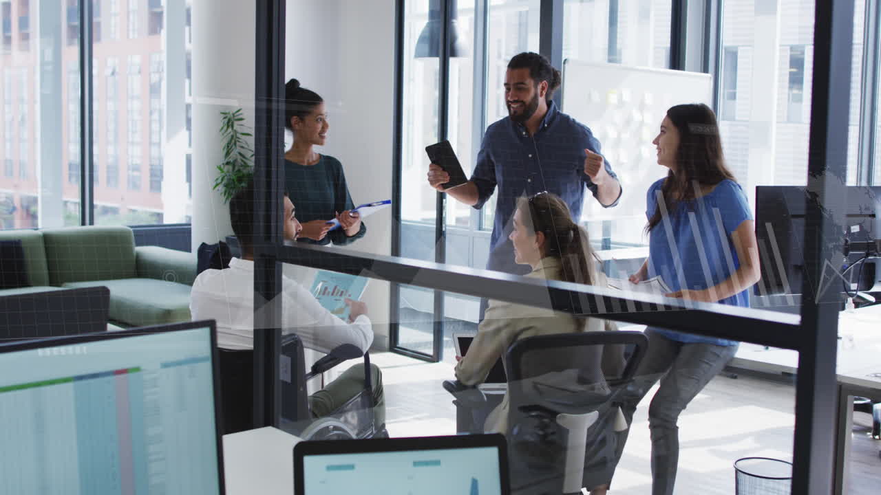 Animation of graphs, loading bars, map over diverse coworkers sharing ideas and clapping in office