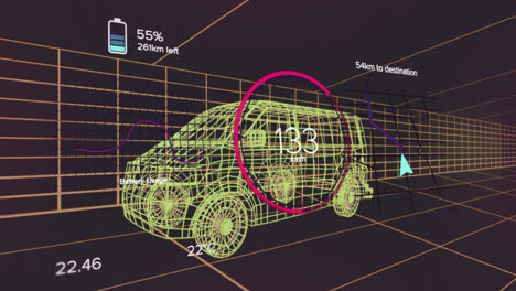 Animación-De-Números-Cambiantes-En-Círculos,-íconos-De-Batería-Sobre-Un-Modelo-3d-De-Camioneta-Sobre-Fondo-Negro