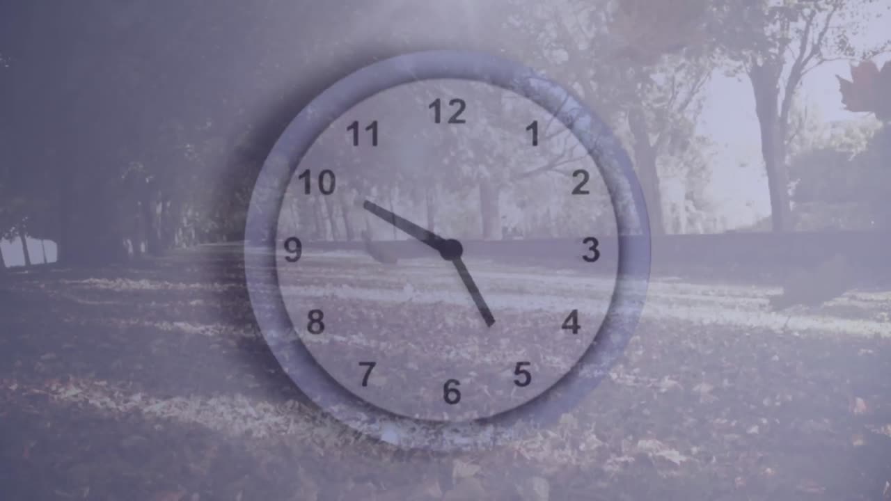 Animation of clock moving over leaves falling in park
