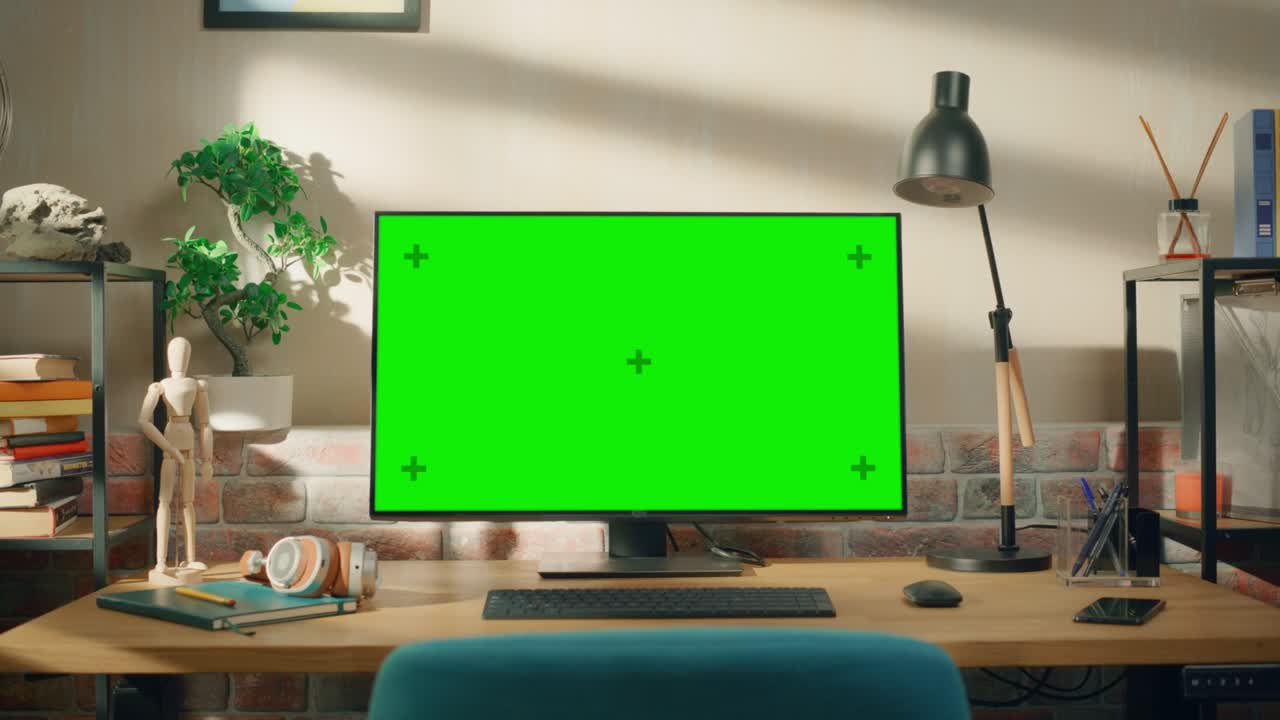 Desktop Computer Monitor Standing on a Table with a Green Screen Chromakey Mock Up Display. Cozy Empty Loft Apartment with a Lamp, Notebooks and Smartphone on the Table. Zoom In Shot.