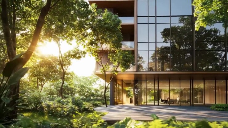 Edifício Moderno com Fachada de Vidro Rodeado por Natureza Verde Exuberante e Luz Solar