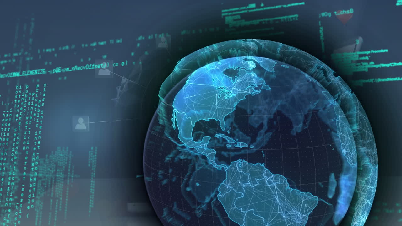 animación del globo, lenguaje de programación, iconos sobre manos recortadas de un hombre de negocios escribiendo en una computadora portátil
