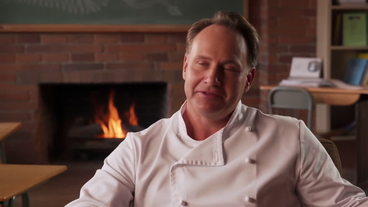 Man in a chef's coat speaks in a classroom with a fireplace