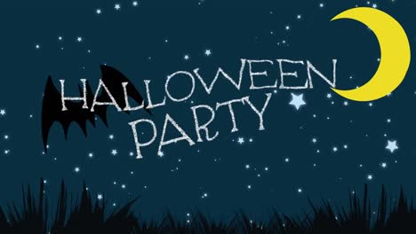 Animation-Von-Halloween-Partytext-über-Fledermaus-Und-Sternen