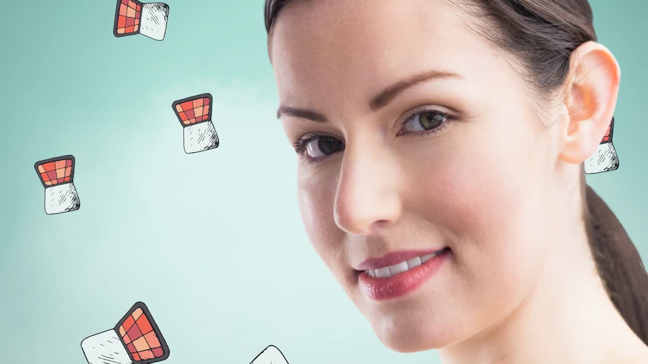 Animation of eye shadow palette repeated with woman on white background