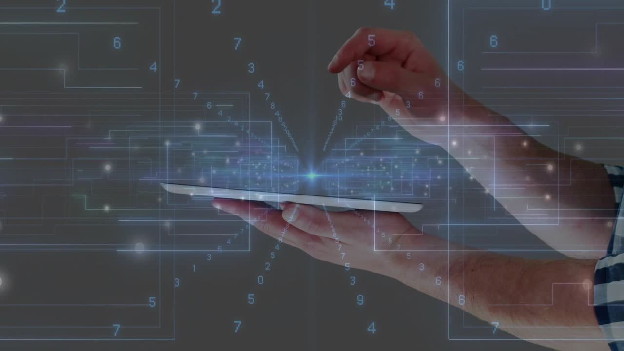 Right hand holding tablet finger tapping node starting 3D network expanding settling for data demo