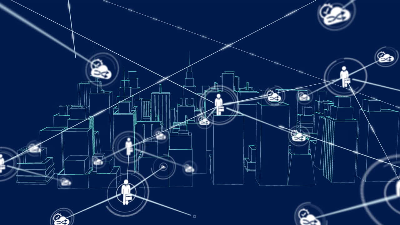 Animation of icons connected with line over 3d cityscape against blue background