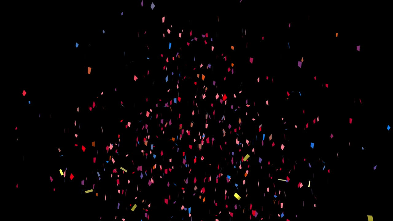 Animation of multi coloured confetti falling over black background