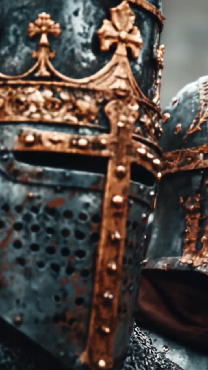 Un aperçu de l'armure médiévale : Deux chevaliers en casques ornés, présentant des motifs complexes et un travail du métal distinctif, soulignant leur valeur et leur importance historique.
