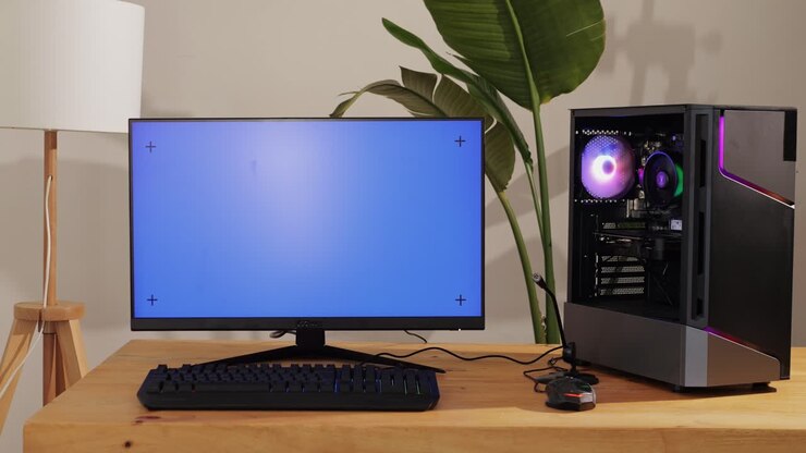 Computer mit Chroma-Key-Greenscreen auf dem Monitor. Gamer spielt beliebte Videospiele. Programmierer oder Hacker codiert und arbeitet in Netzwerken, Cyberspace. Digitale Software, Entwicklung mobiler Apps. Männlicher Spezialist codiert. Webdesign. Hochwertiges 4K-Filmmaterial.