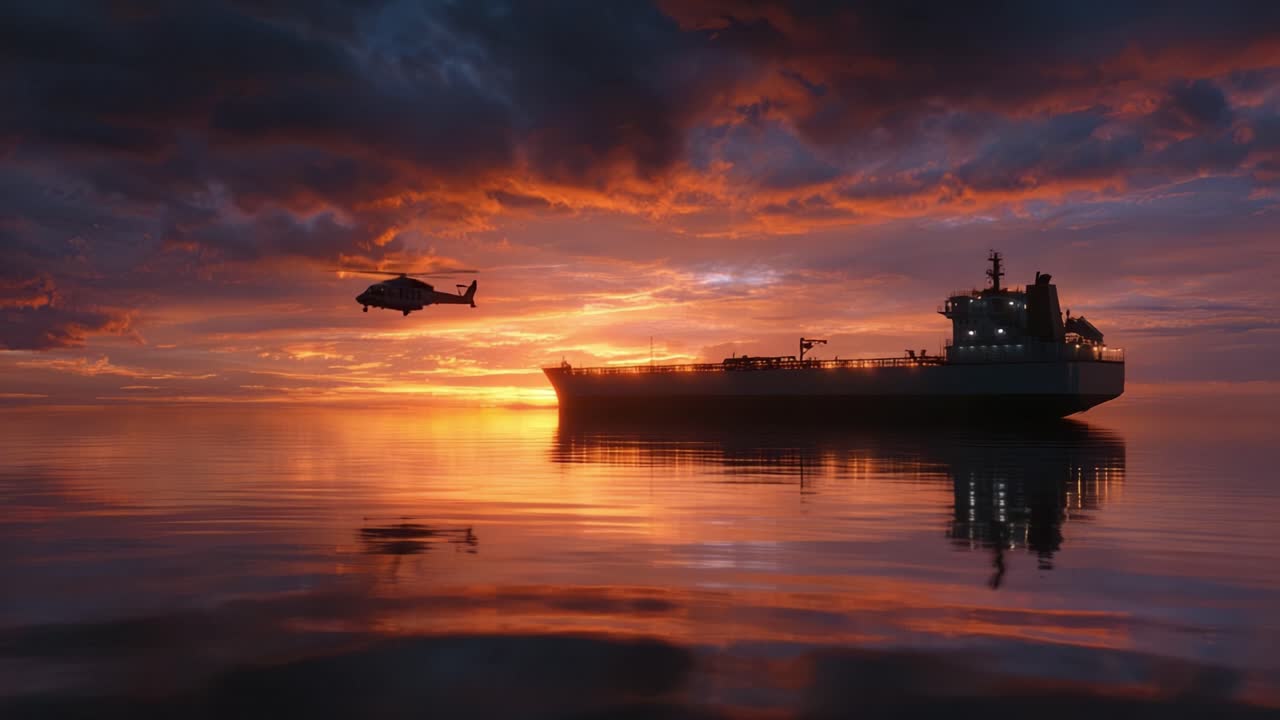 Helicopter flies low over calm sea near large ship. Sunset paints sky in fiery orange and purple hues. Water reflects glowing clouds and vessel silhouette