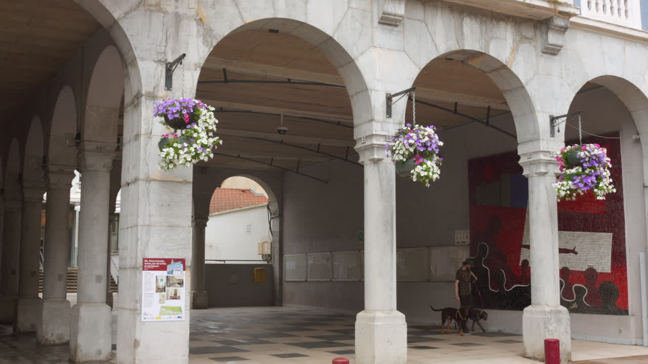 Inside view of Vizille town hall in France with a man with his pet dogs loitering around.