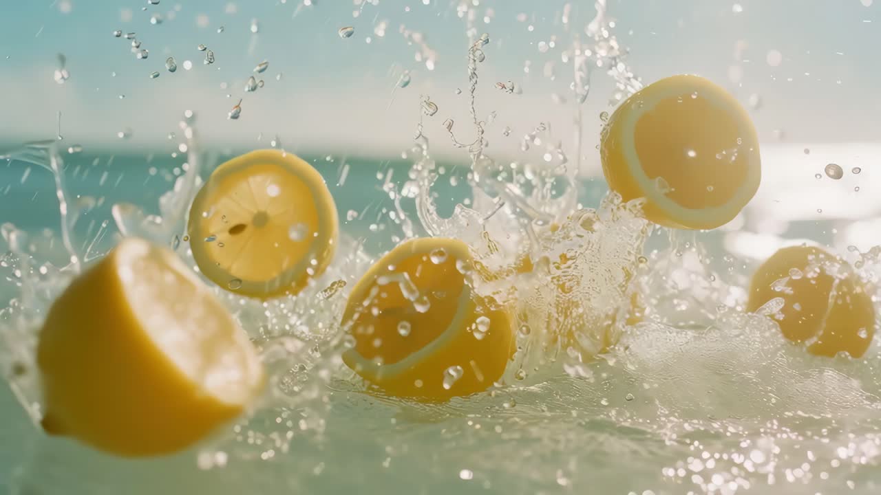 Dynamic video scene of lemons splashing in water, captured from a low angle