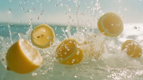 dynamic video scene of lemons splashing in water, captured from a low angle