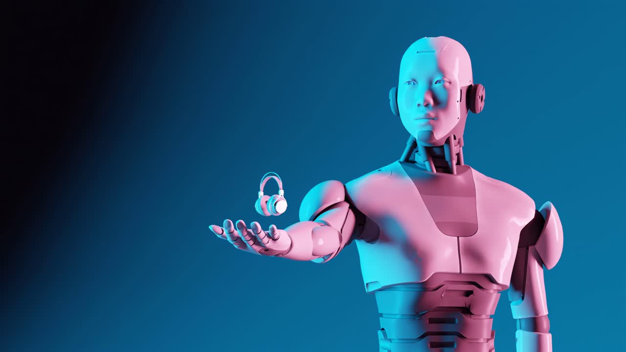 robot 3d sosteniendo auriculares, auriculares flotando y girando, iluminación cinemática naranja y azul, renderización 3d