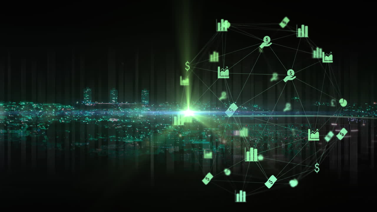 Animation of light spot and business icons over cityscape