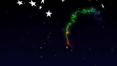 stars and colorful light trails animation over dark background with green dots