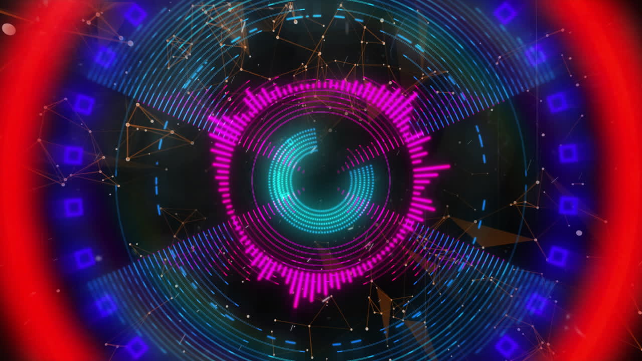 Animation of neon shapes over digital tunnel