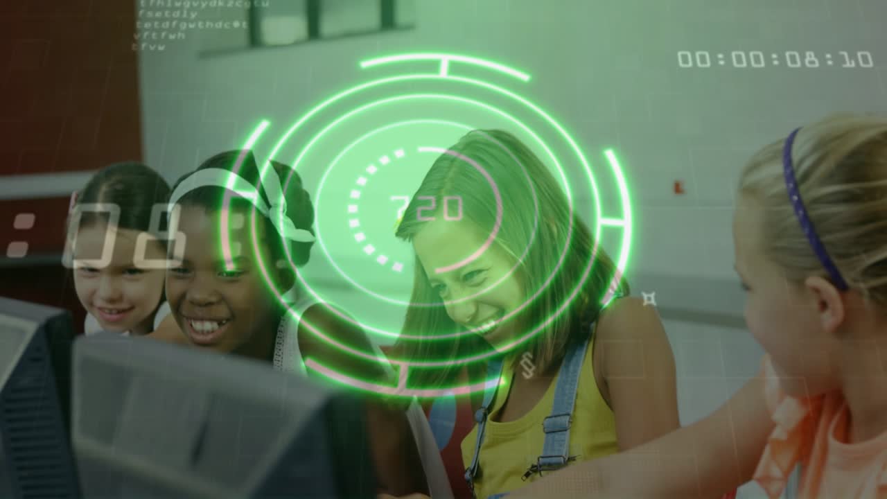 Four students reacting after green HUD overlay appears, reaching keyboard and laughing for learning