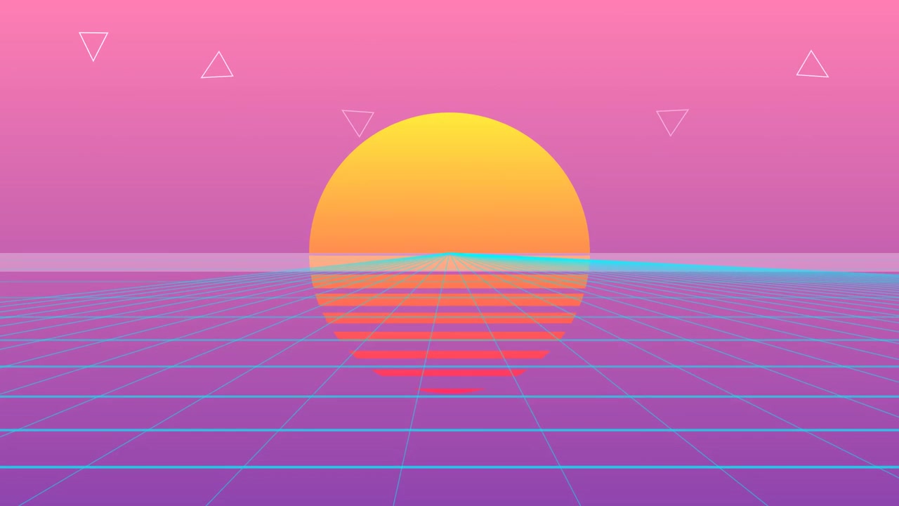 Retro Synthwave Style Sunset Over Digital Grid Landscape