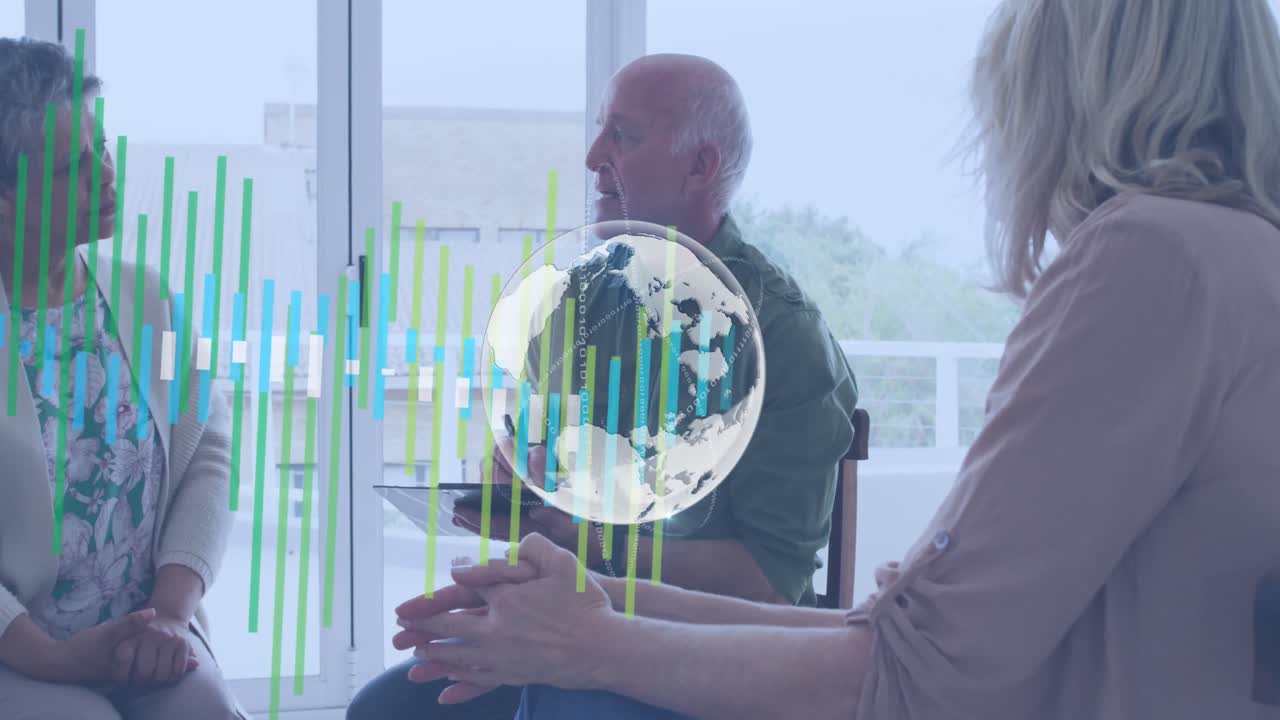 animación del globo sobre un grupo diverso de ancianos hablando