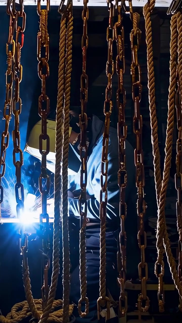 Video verticale: Saldatore con casco che accende la torcia e salda una giuntura in officina per riparazioni, con catene e corde.