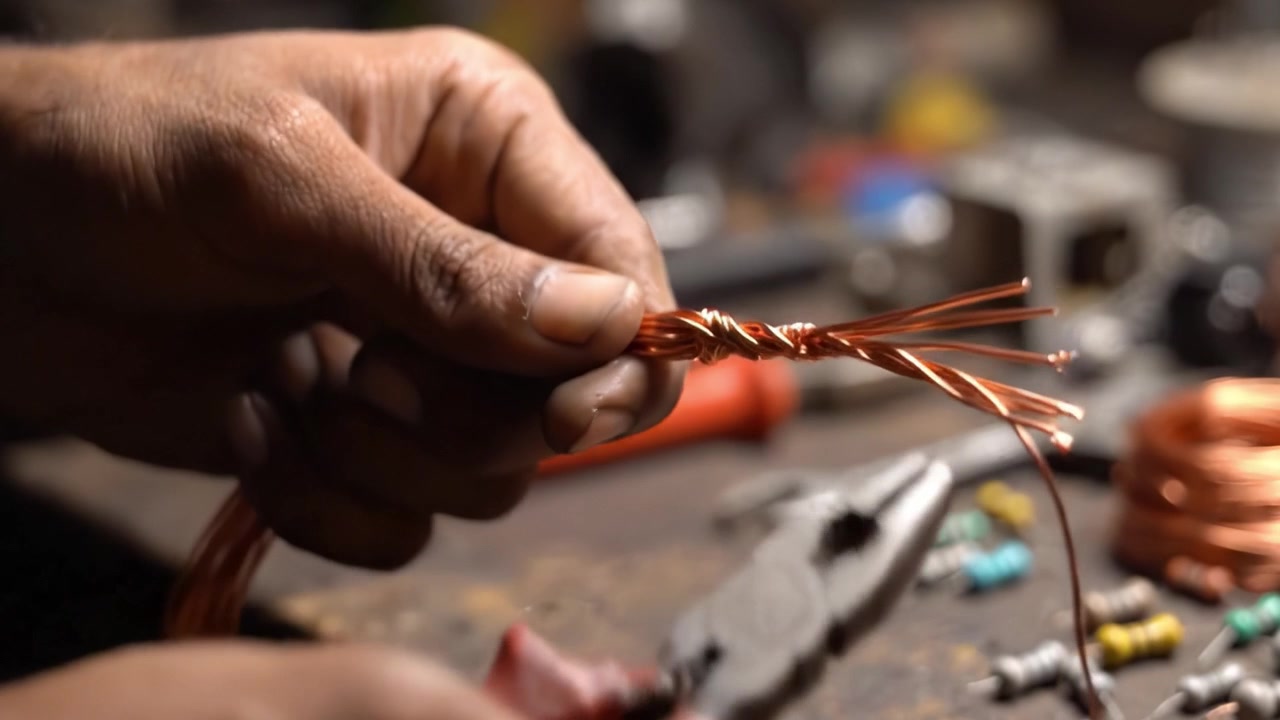 Detailed Close-Up of Hands Using Pliers to Manipulate Copper Wires for Electrical Connections, Showcasing Craftsmanship in Wire Handling and Preparation Techniques.