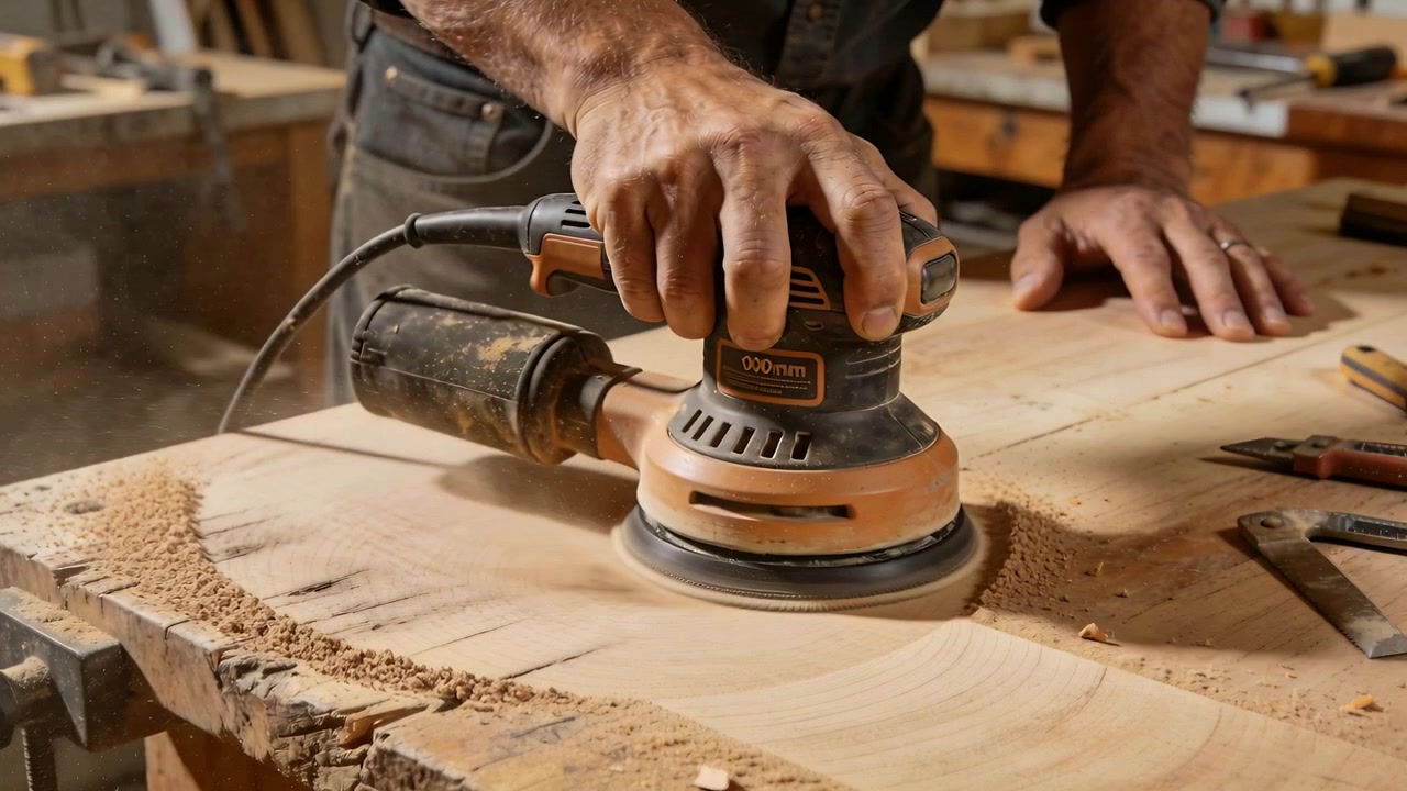 Placing orbital sander, maker wearing apron sanding slab at bench in shop smoothing wood for finish